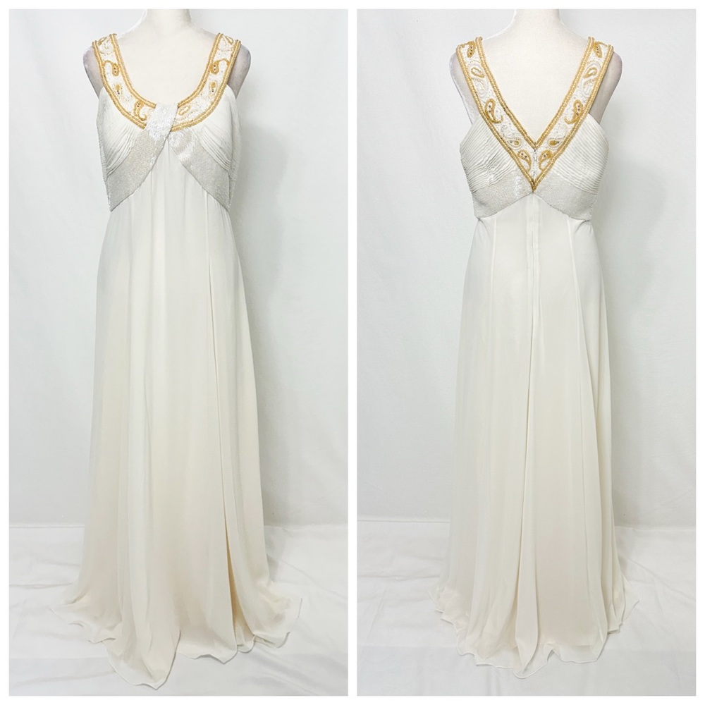 Vintage Grecian Wedding gown with White and Gold Beading. Bridal dress